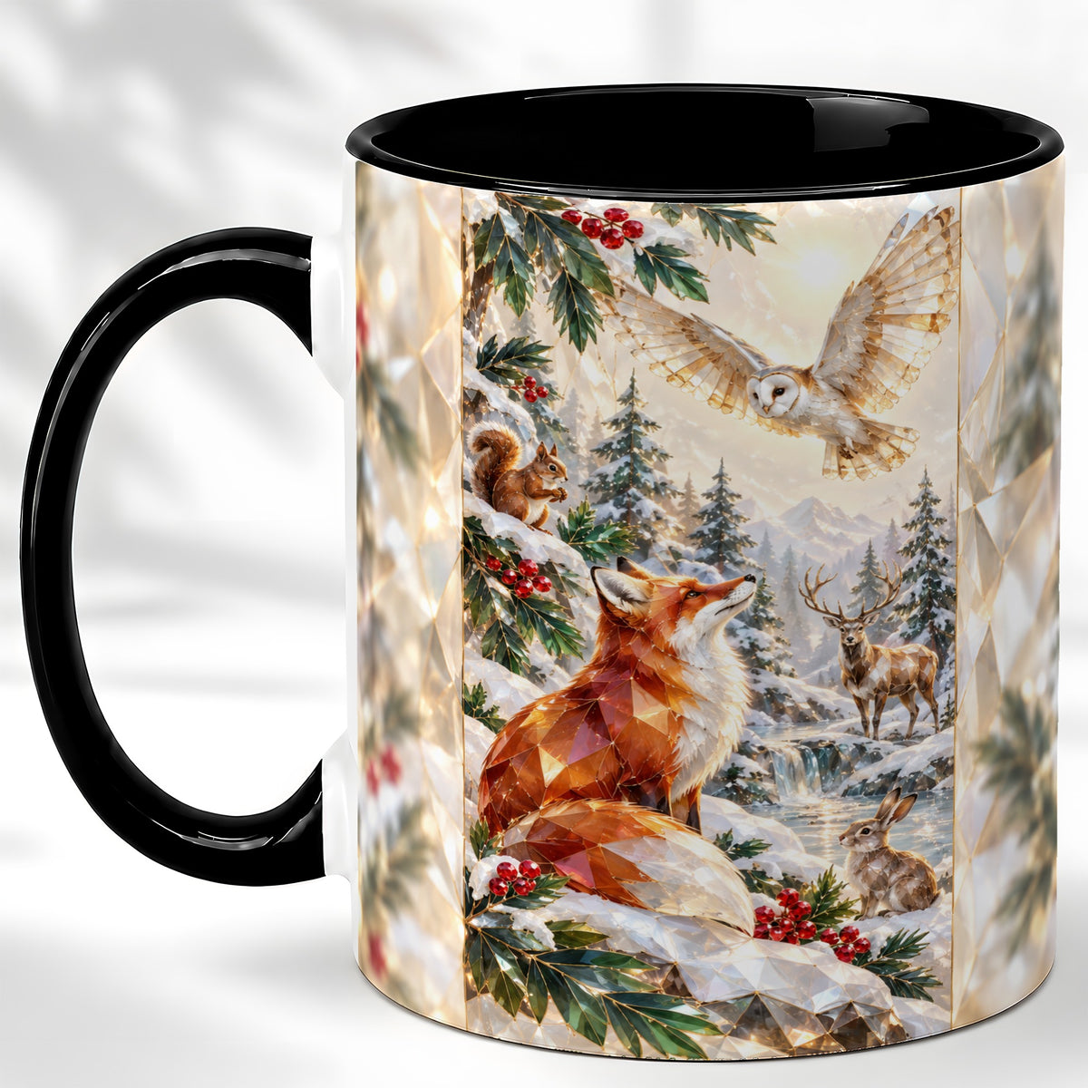#pl[11oz|Black] Crystal Winter Forest Coffee Mug, Woodland Animals Mug, Ceramic Cup