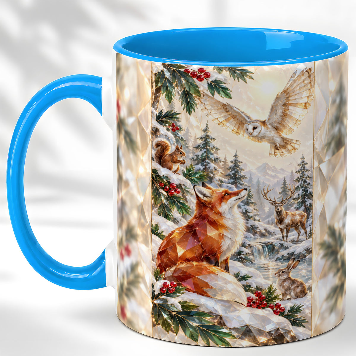#pl[11oz|Blue] Crystal Winter Forest Coffee Mug, Woodland Animals Mug, Ceramic Cup