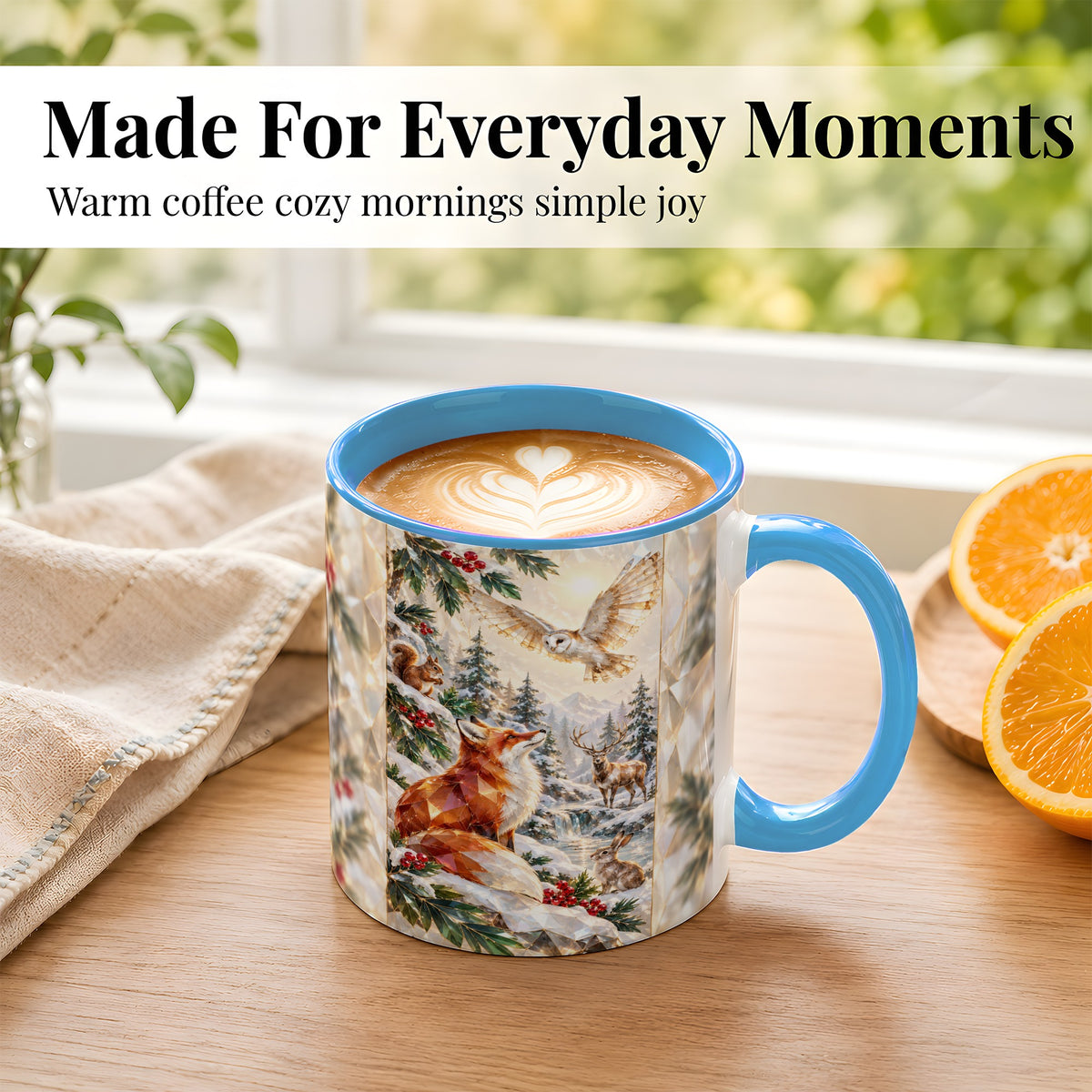 #pl[11oz|Blue] Crystal Winter Forest Coffee Mug, Woodland Animals Mug, Ceramic Cup