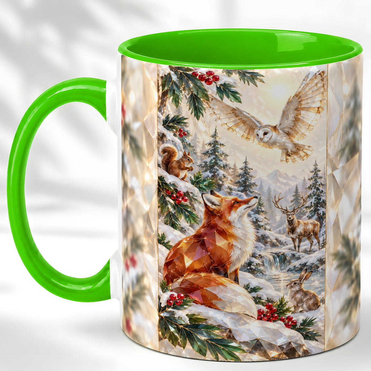 #pl[11oz|Green] Crystal Winter Forest Coffee Mug, Woodland Animals Mug, Ceramic Cup