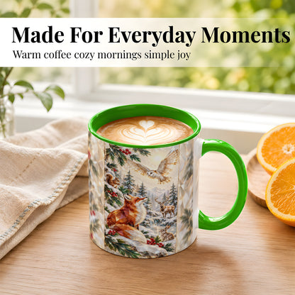 #pl[11oz|Green] Crystal Winter Forest Coffee Mug, Woodland Animals Mug, Ceramic Cup