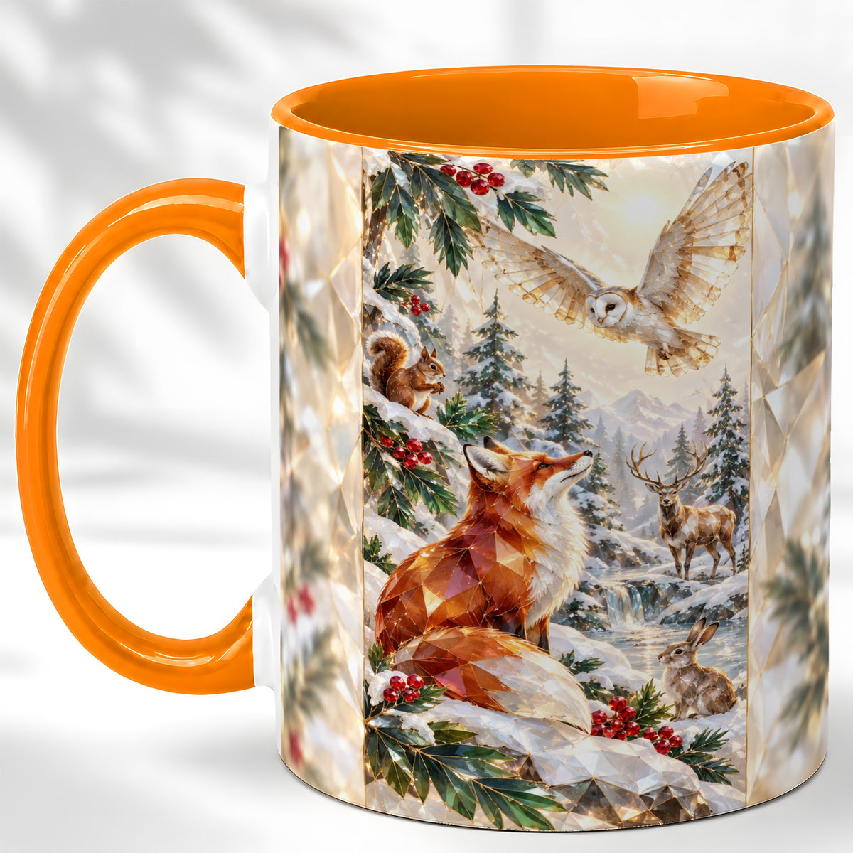 #pl[11oz|Orange] Crystal Winter Forest Coffee Mug, Woodland Animals Mug, Ceramic Cup
