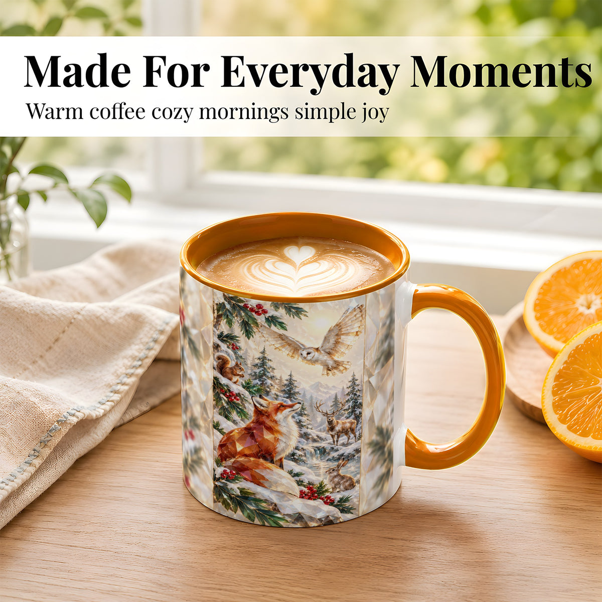 #pl[11oz|Orange] Crystal Winter Forest Coffee Mug, Woodland Animals Mug, Ceramic Cup