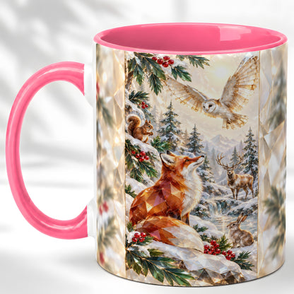 #pl[11oz|Pink] Crystal Winter Forest Coffee Mug, Woodland Animals Mug, Ceramic Cup