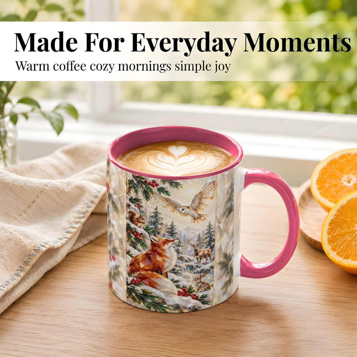 #pl[11oz|Pink] Crystal Winter Forest Coffee Mug, Woodland Animals Mug, Ceramic Cup