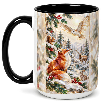 #pl[15oz|Black] Crystal Winter Forest Coffee Mug, Woodland Animals Mug, Ceramic Cup