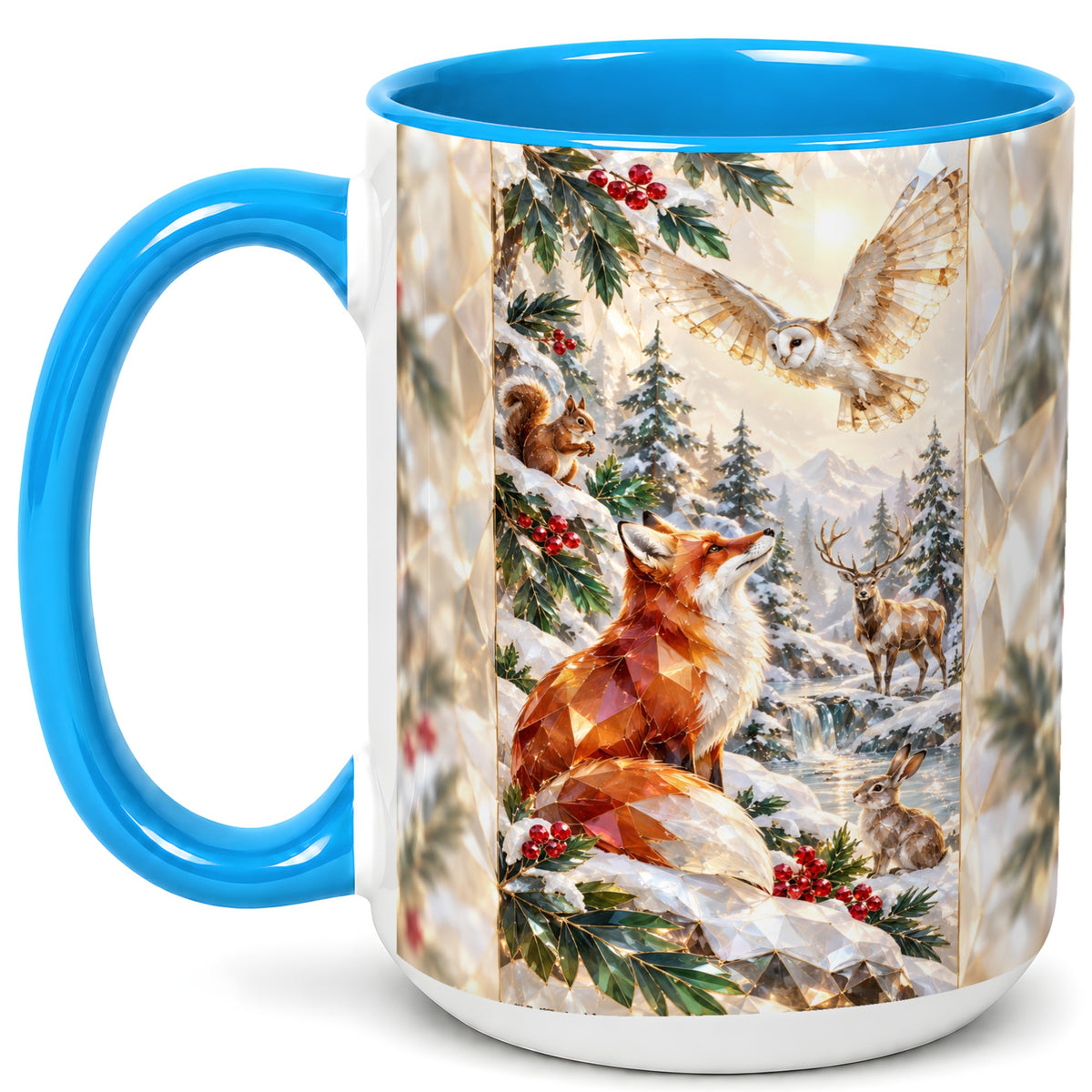 #pl[15oz|Blue] Crystal Winter Forest Coffee Mug, Woodland Animals Mug, Ceramic Cup