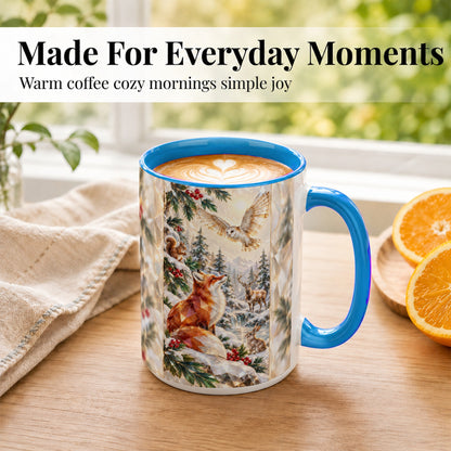 #pl[15oz|Blue] Crystal Winter Forest Coffee Mug, Woodland Animals Mug, Ceramic Cup
