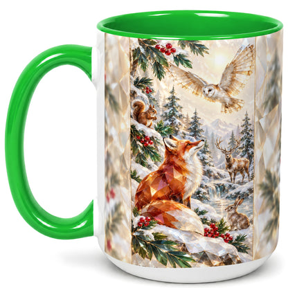 #pl[15oz|Green] Crystal Winter Forest Coffee Mug, Woodland Animals Mug, Ceramic Cup