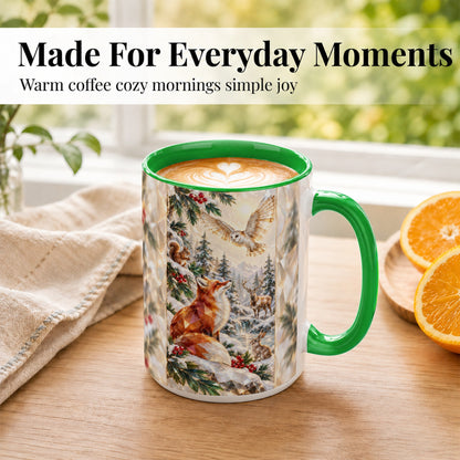 #pl[15oz|Green] Crystal Winter Forest Coffee Mug, Woodland Animals Mug, Ceramic Cup