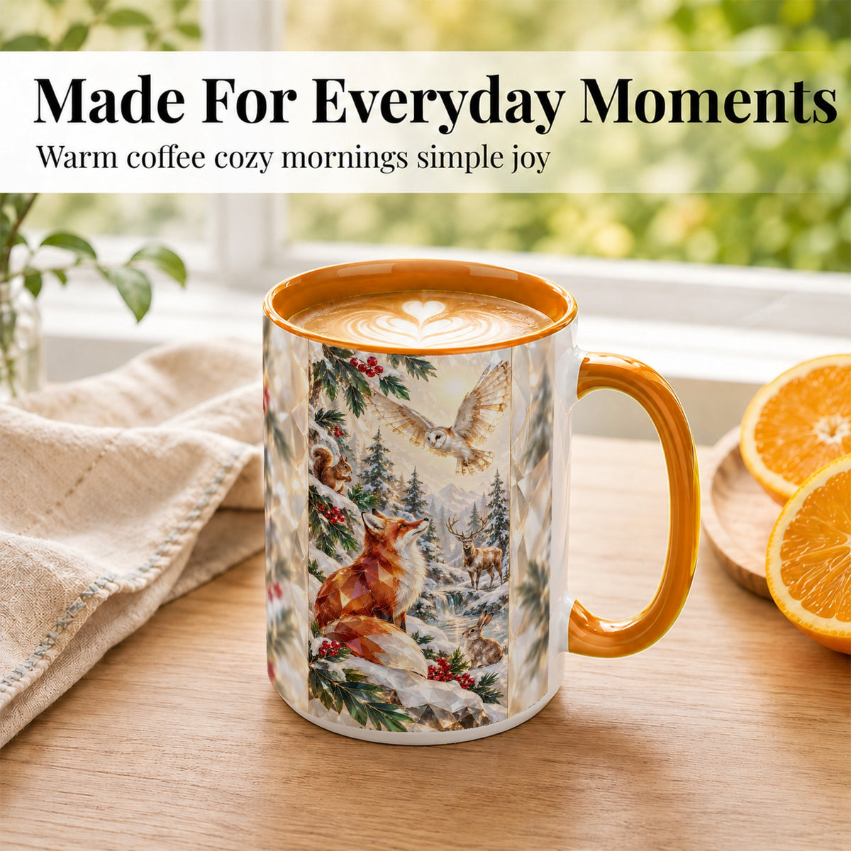 #pl[15oz|Orange] Crystal Winter Forest Coffee Mug, Woodland Animals Mug, Ceramic Cup