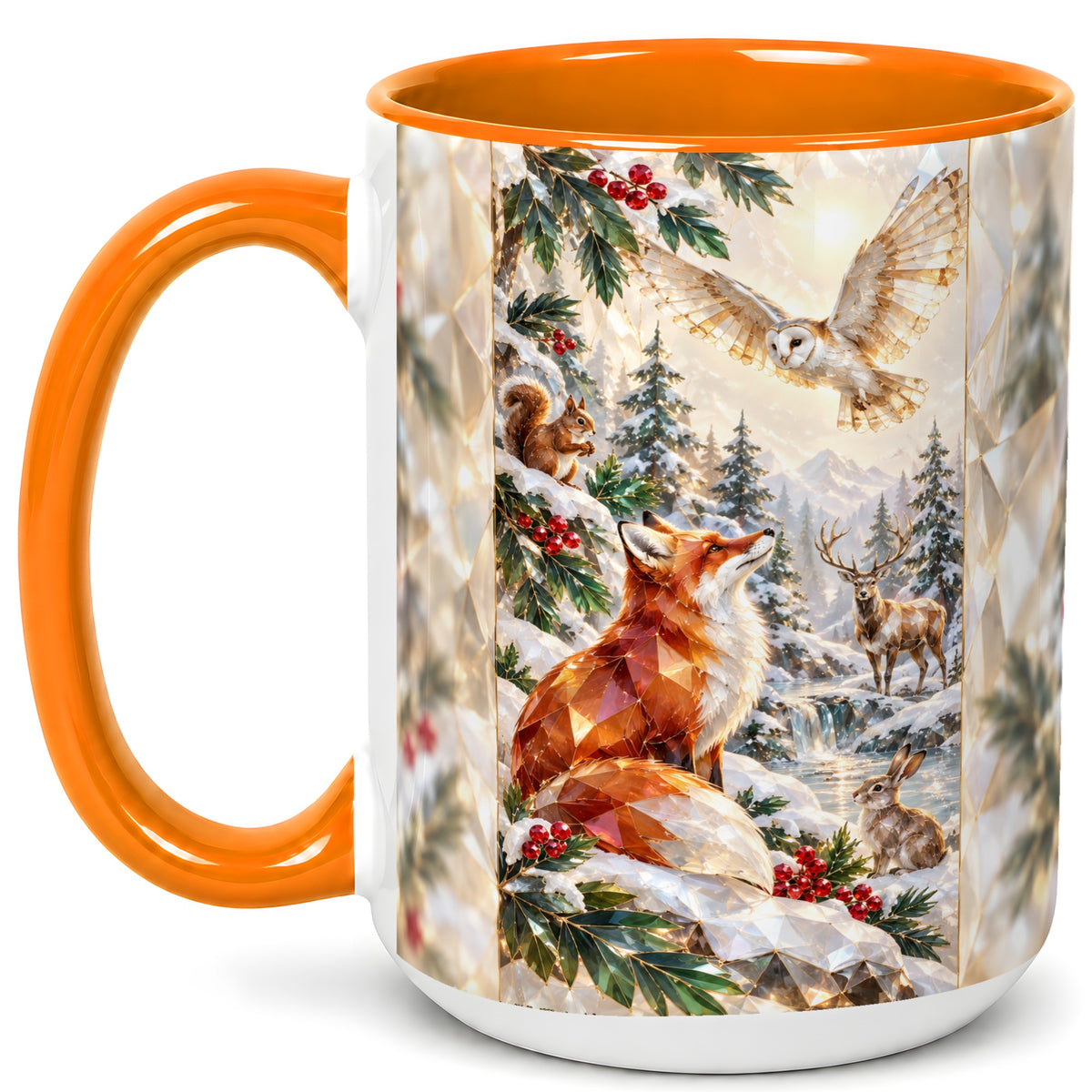 #pl[15oz|Orange] Crystal Winter Forest Coffee Mug, Woodland Animals Mug, Ceramic Cup