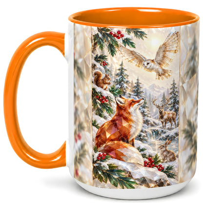 #pl[15oz|Orange] Crystal Winter Forest Coffee Mug, Woodland Animals Mug, Ceramic Cup
