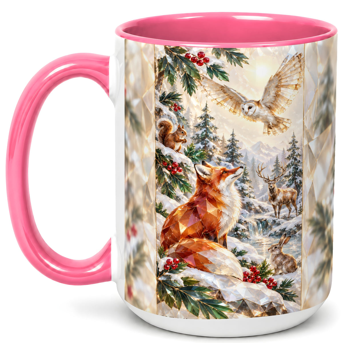 #pl[15oz|Pink] Crystal Winter Forest Coffee Mug, Woodland Animals Mug, Ceramic Cup
