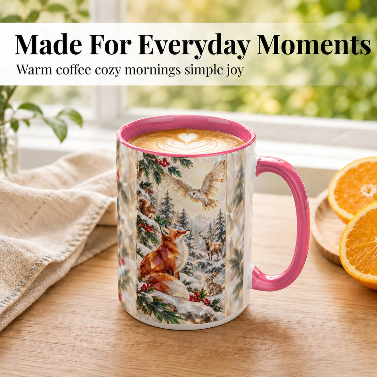 #pl[15oz|Pink] Crystal Winter Forest Coffee Mug, Woodland Animals Mug, Ceramic Cup