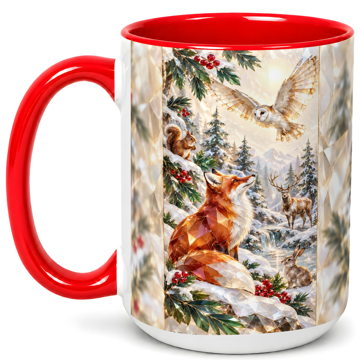 #pl[15oz|Red] Crystal Winter Forest Coffee Mug, Woodland Animals Mug, Ceramic Cup