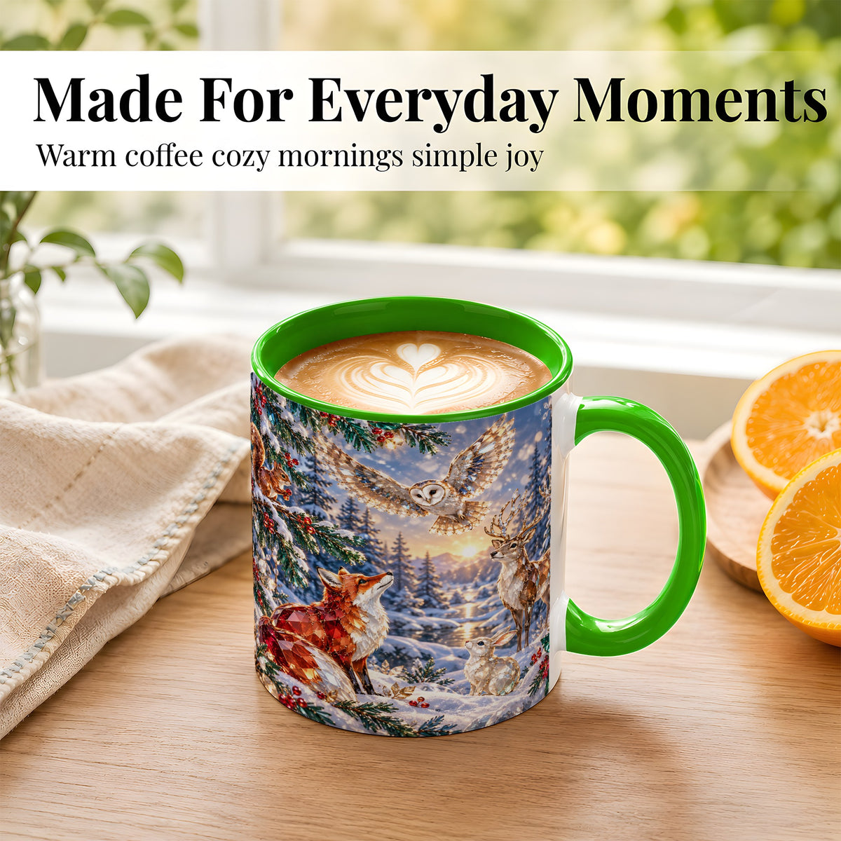 #pl[11oz|Green] Winter Woodland Coffee Mug, Wildlife Mug, Ceramic Cup