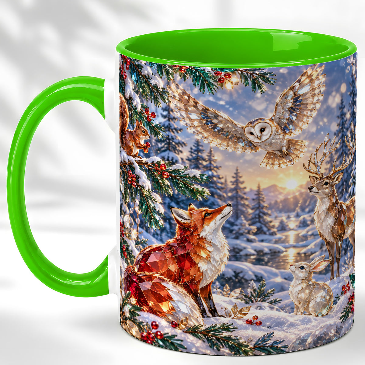 #pl[11oz|Green] Winter Woodland Coffee Mug, Wildlife Mug, Ceramic Cup