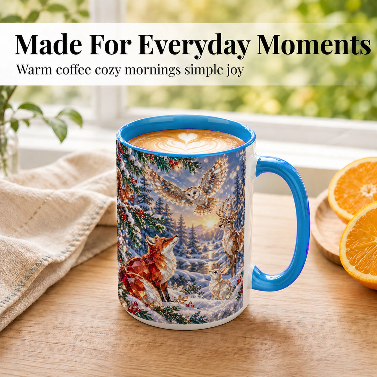#pl[15oz|Blue] Winter Woodland Coffee Mug, Wildlife Mug, Ceramic Cup