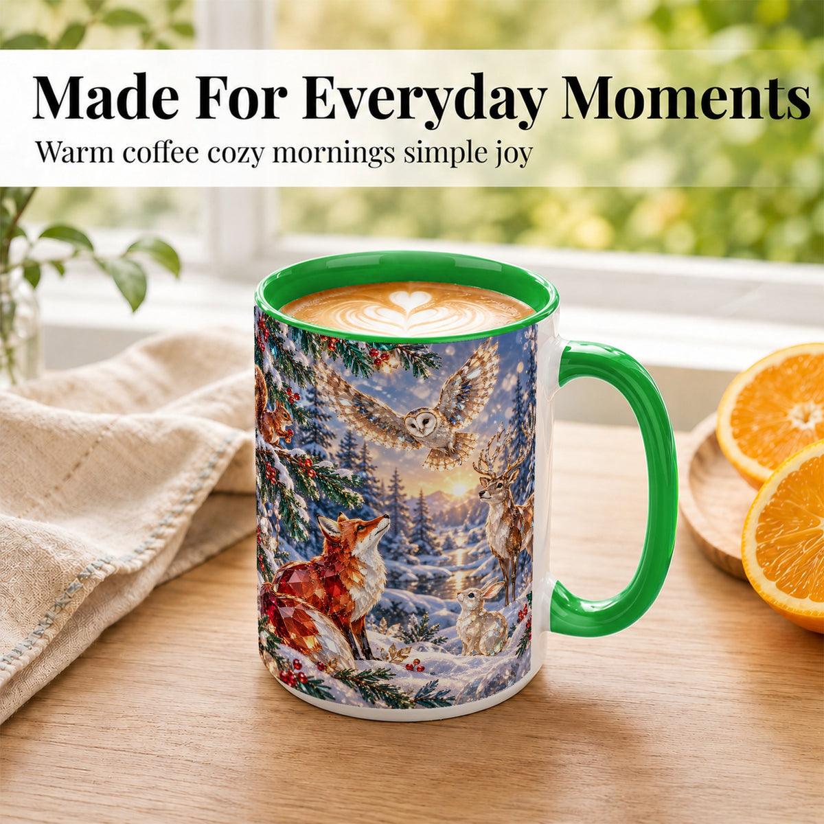 #pl[15oz|Green] Winter Woodland Coffee Mug, Wildlife Mug, Ceramic Cup