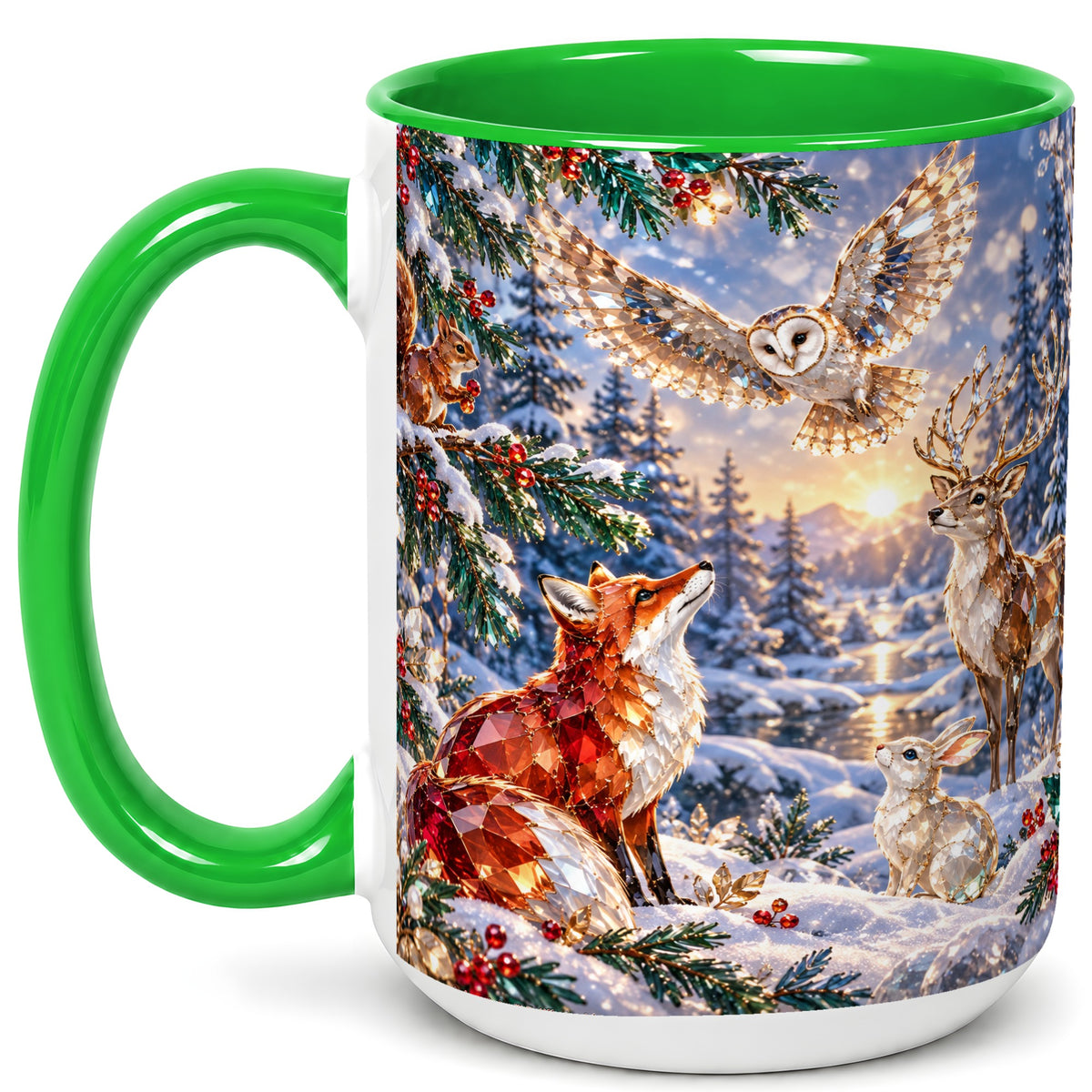 #pl[15oz|Green] Winter Woodland Coffee Mug, Wildlife Mug, Ceramic Cup