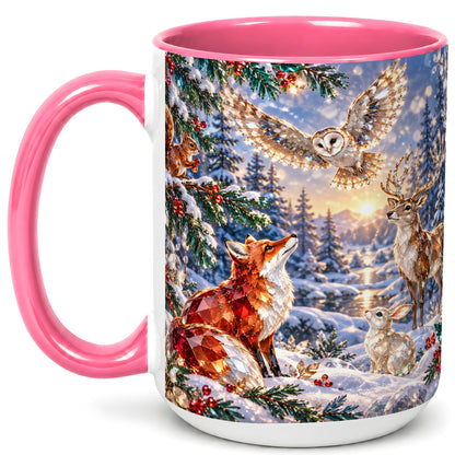 #pl[15oz|Pink] Winter Woodland Coffee Mug, Wildlife Mug, Ceramic Cup