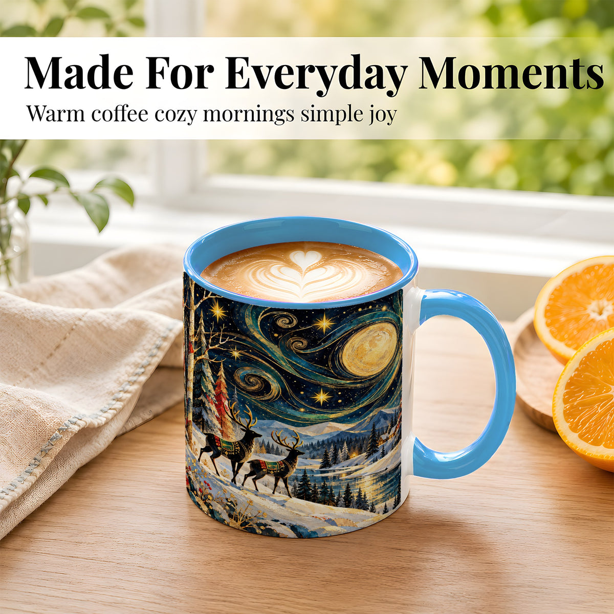 #pl[11oz|Blue] Starry Winter Deer Coffee Mug, Celestial Mug, Ceramic Cup