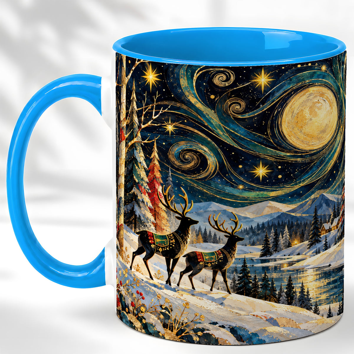 #pl[11oz|Blue] Starry Winter Deer Coffee Mug, Celestial Mug, Ceramic Cup