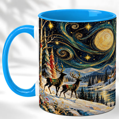 #pl[11oz|Blue] Starry Winter Deer Coffee Mug, Celestial Mug, Ceramic Cup