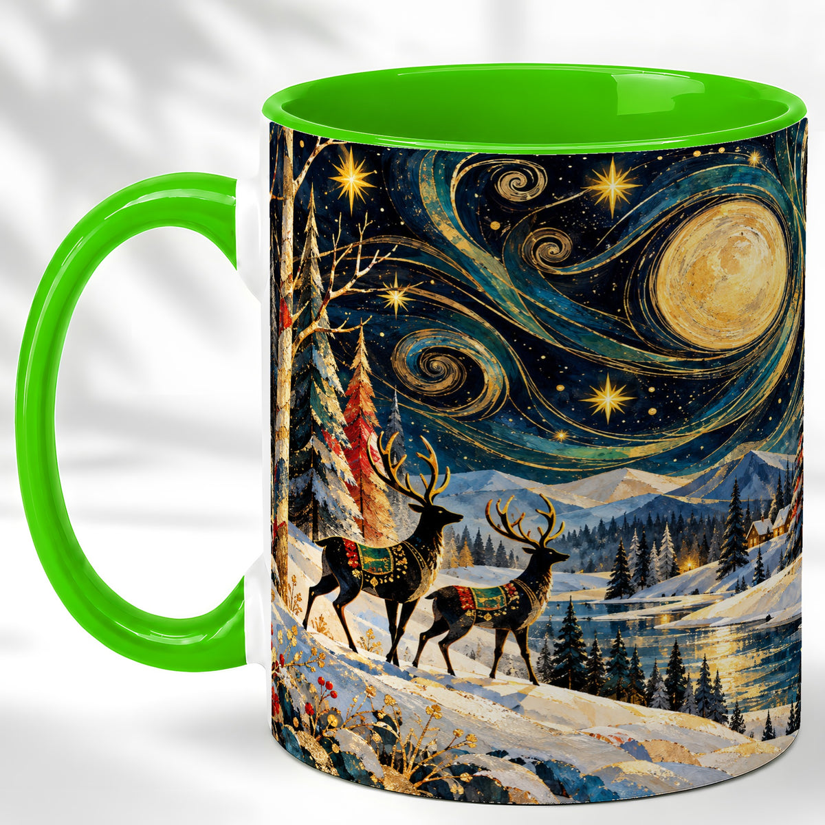 #pl[11oz|Green] Starry Winter Deer Coffee Mug, Celestial Mug, Ceramic Cup