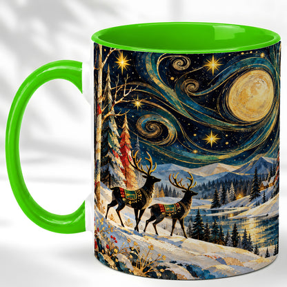 #pl[11oz|Green] Starry Winter Deer Coffee Mug, Celestial Mug, Ceramic Cup