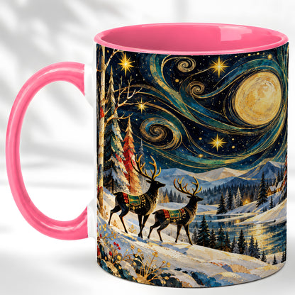#pl[11oz|Pink] Starry Winter Deer Coffee Mug, Celestial Mug, Ceramic Cup