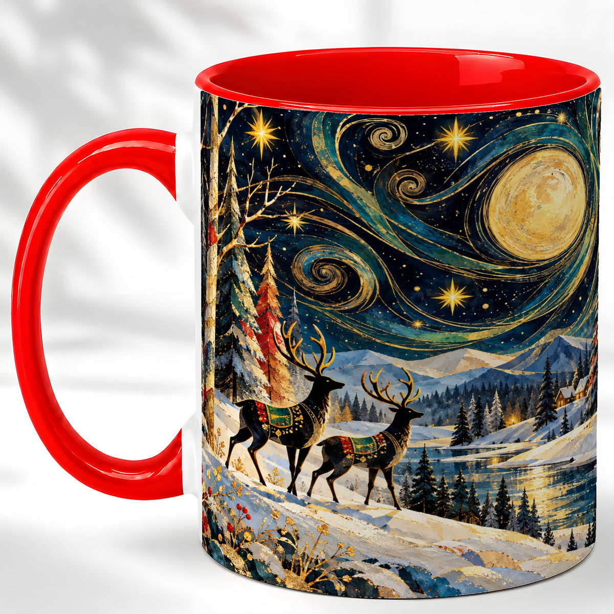 Starry Winter Deer Coffee Mug, Celestial Mug, Ceramic Cup