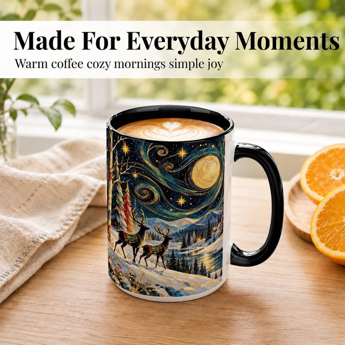 #pl[15oz|Black] Starry Winter Deer Coffee Mug, Celestial Mug, Ceramic Cup