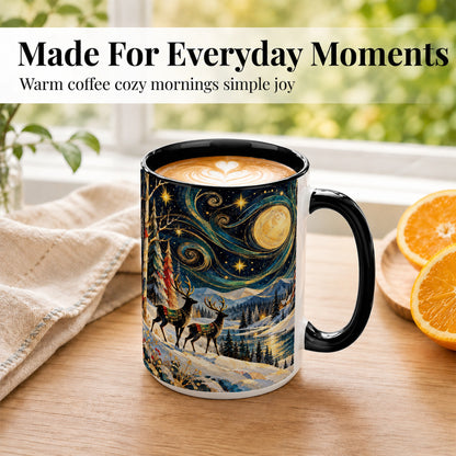 #pl[15oz|Black] Starry Winter Deer Coffee Mug, Celestial Mug, Ceramic Cup