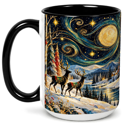 #pl[15oz|Black] Starry Winter Deer Coffee Mug, Celestial Mug, Ceramic Cup