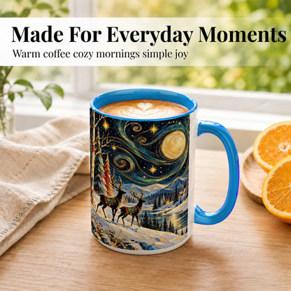 #pl[15oz|Blue] Starry Winter Deer Coffee Mug, Celestial Mug, Ceramic Cup