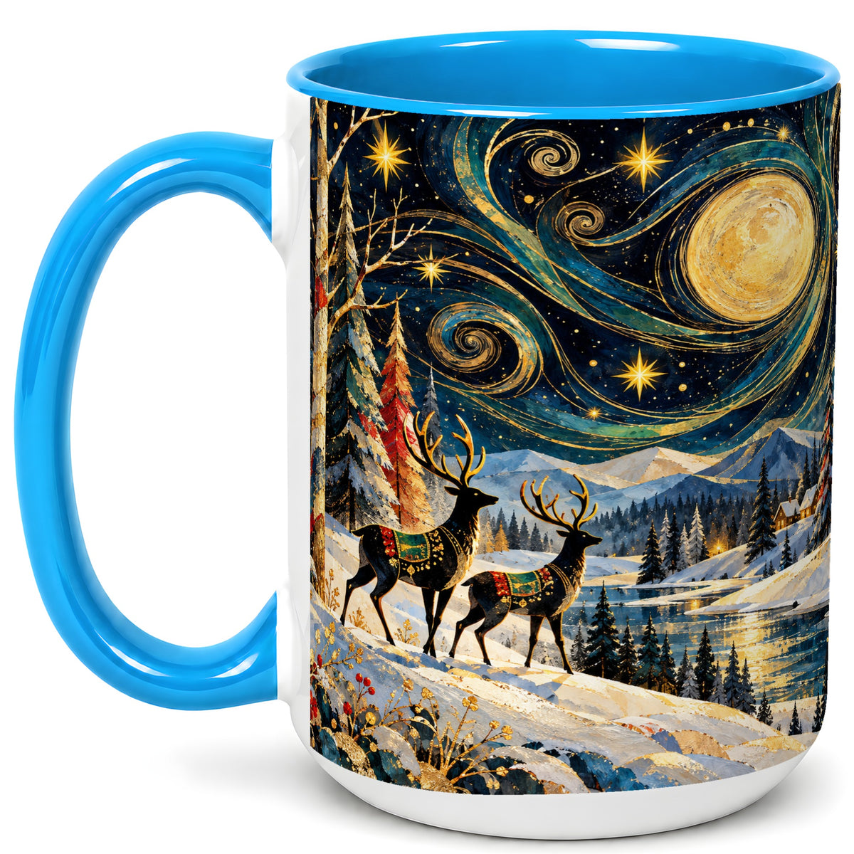 #pl[15oz|Blue] Starry Winter Deer Coffee Mug, Celestial Mug, Ceramic Cup