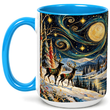 #pl[15oz|Blue] Starry Winter Deer Coffee Mug, Celestial Mug, Ceramic Cup