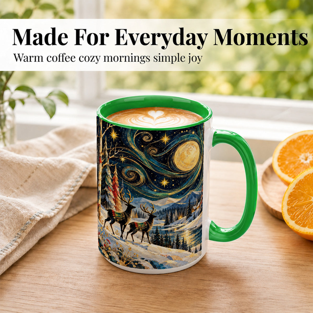 #pl[15oz|Green] Starry Winter Deer Coffee Mug, Celestial Mug, Ceramic Cup