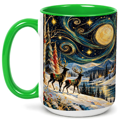 #pl[15oz|Green] Starry Winter Deer Coffee Mug, Celestial Mug, Ceramic Cup