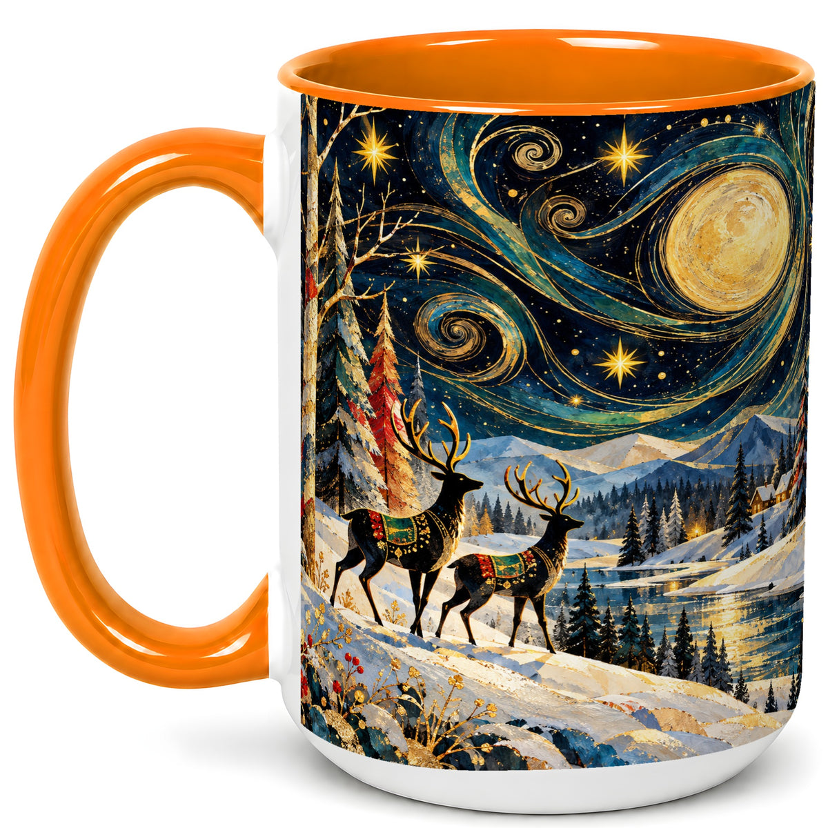 #pl[15oz|Orange] Starry Winter Deer Coffee Mug, Celestial Mug, Ceramic Cup