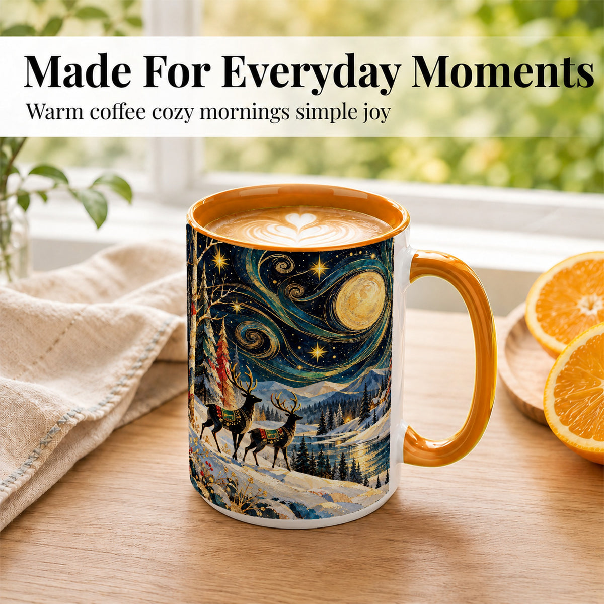 #pl[15oz|Orange] Starry Winter Deer Coffee Mug, Celestial Mug, Ceramic Cup