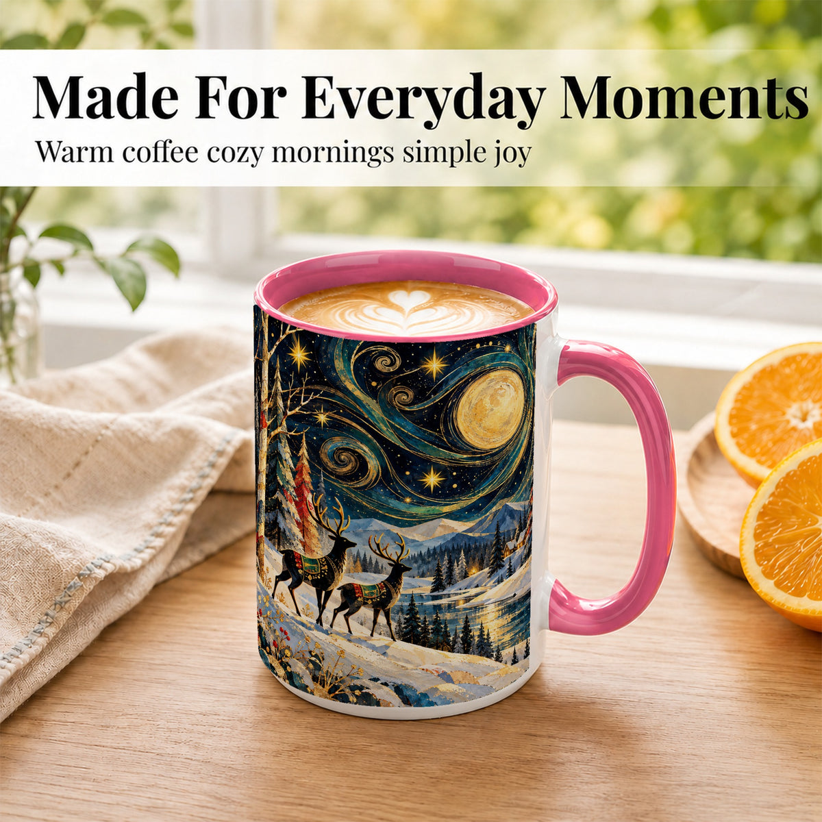 #pl[15oz|Pink] Starry Winter Deer Coffee Mug, Celestial Mug, Ceramic Cup