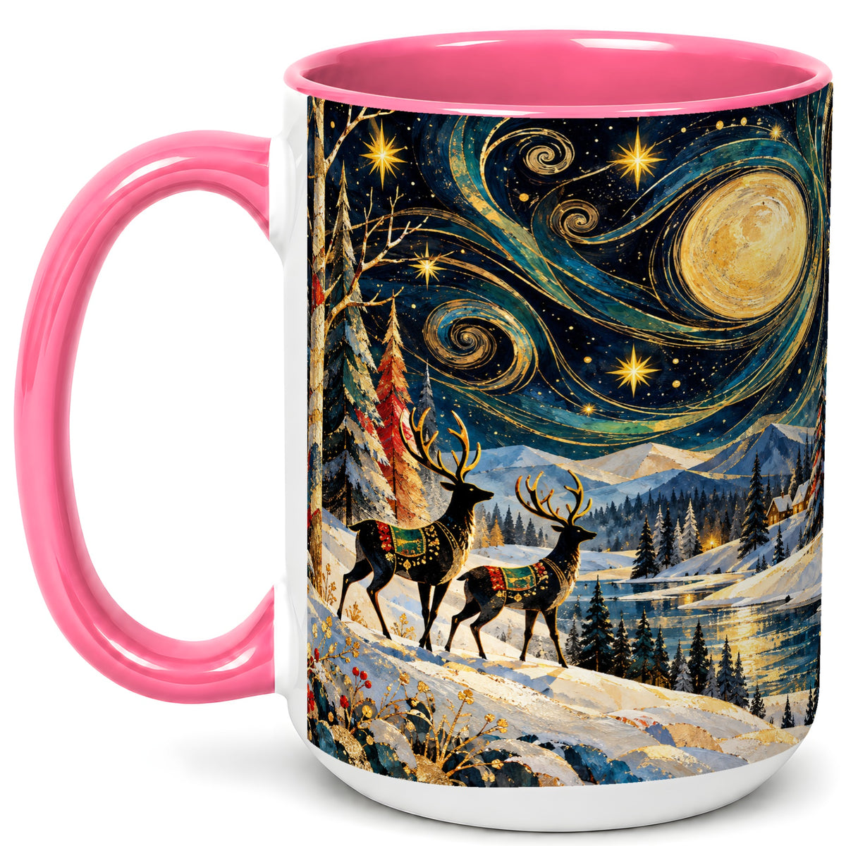 #pl[15oz|Pink] Starry Winter Deer Coffee Mug, Celestial Mug, Ceramic Cup
