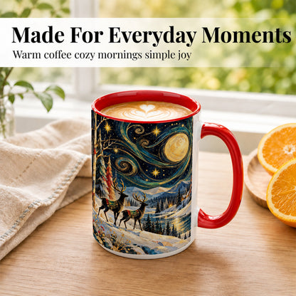 #pl[15oz|Red] Starry Winter Deer Coffee Mug, Celestial Mug, Ceramic Cup