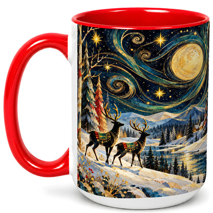 #pl[15oz|Red] Starry Winter Deer Coffee Mug, Celestial Mug, Ceramic Cup