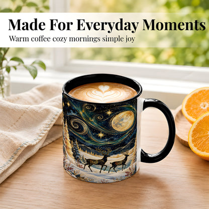 #pl[11oz|Black] Moonlit Deer Coffee Mug, Winter Forest Mug, Ceramic Cup