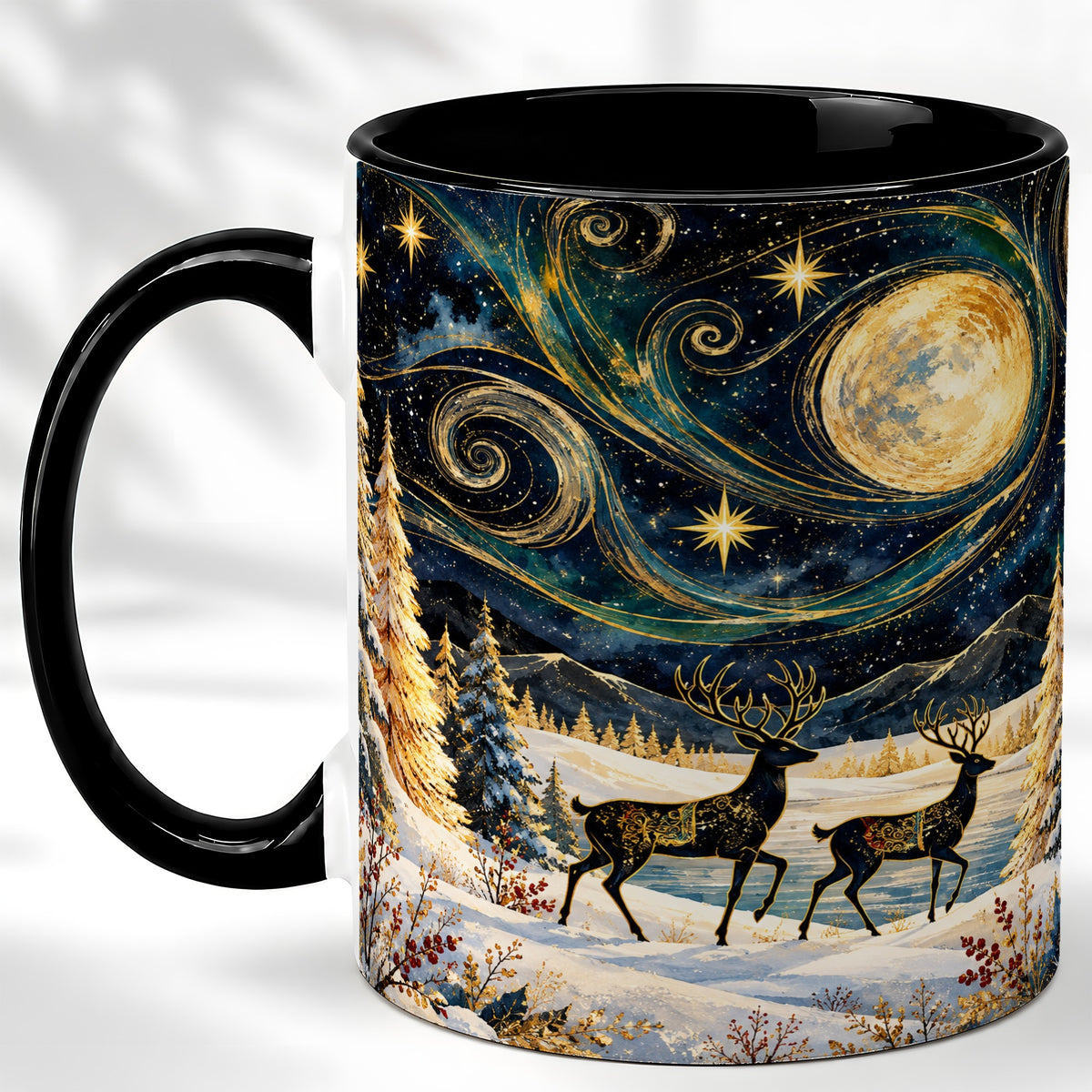 #pl[11oz|Black] Moonlit Deer Coffee Mug, Winter Forest Mug, Ceramic Cup