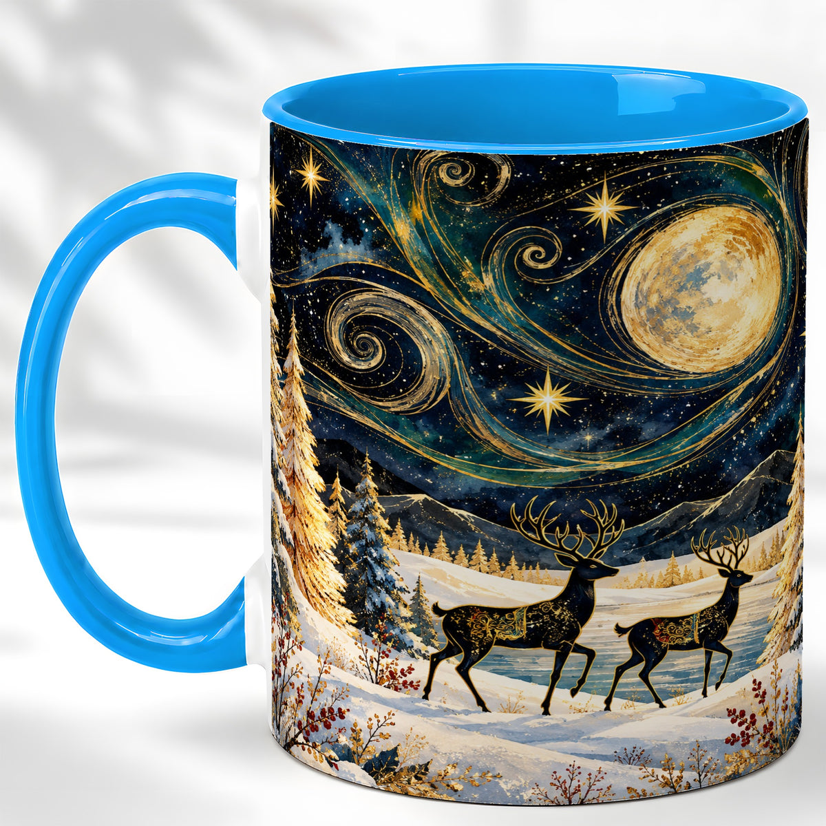#pl[11oz|Blue] Moonlit Deer Coffee Mug, Winter Forest Mug, Ceramic Cup